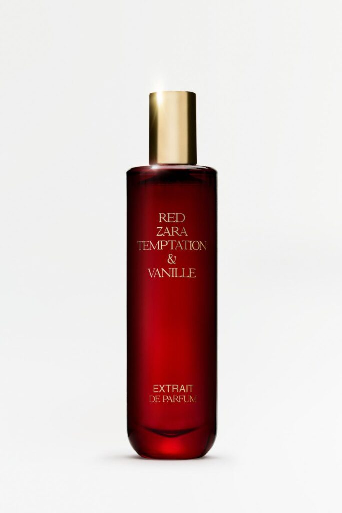 Red perfume bottle with text 'RED ZARA TEMPTATION & VANILLE EXTRAIT DE PARFUM'.