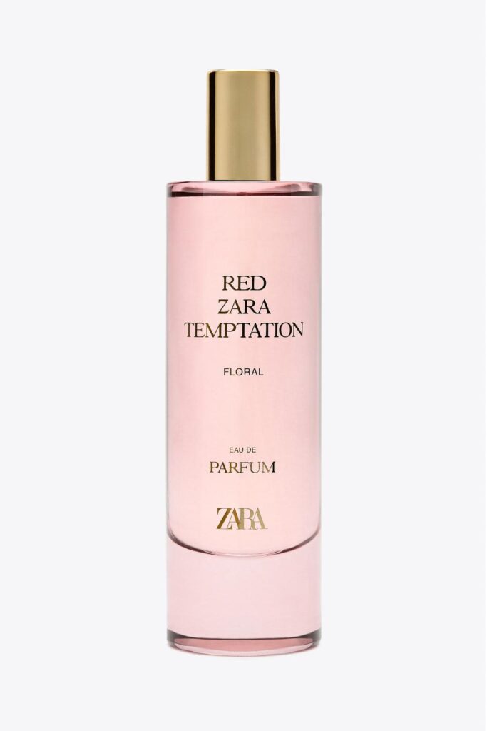Front view of pink bottle with gold cap and visible text: "RED ZARA TEMPTATION FLORAL EAU DE PARFUM ZARA".