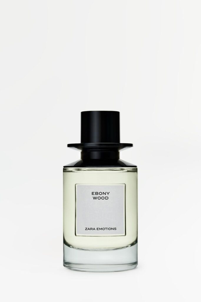 Front view of perfume bottle with 'Ebony Wood' and 'Zara Emotions' label.