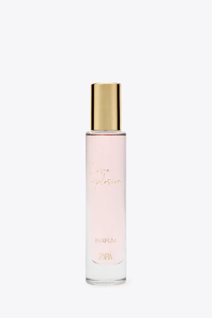 Front view of perfume bottle with text 'Love explosion' and 'PARFUM'.