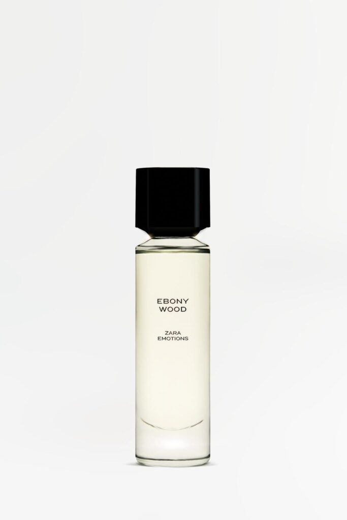 Ebony Wood Zara Emotions perfume bottle with black cap.