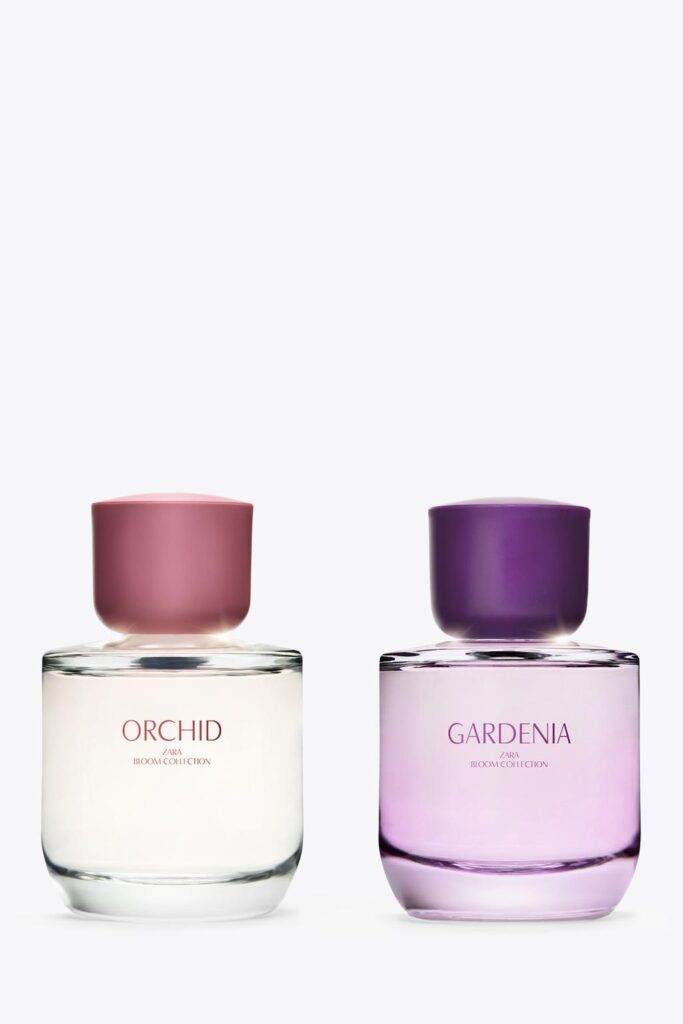 Two perfume bottles. On the left, text "Orchid Zara Bloom Collection". On the right, text "Gardenia Zara Bloom Collection".
