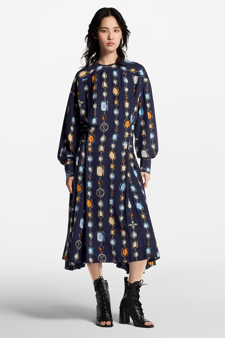 Model wearing Louis Vuitton long sleeves necklace dress