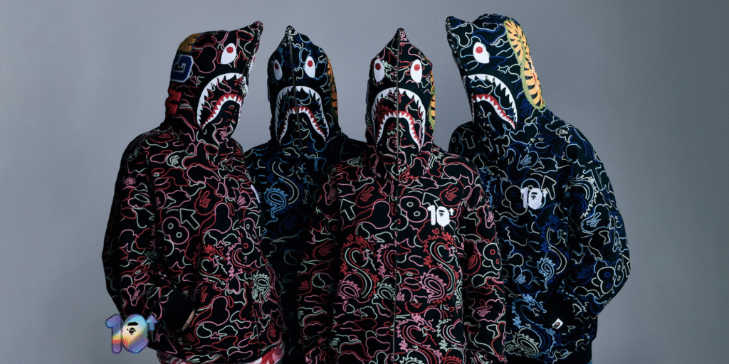 Group of people wearing BAPE Shark Hoodies with colorful neon patterns.