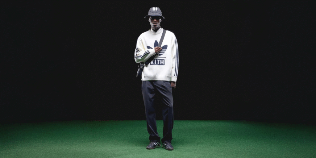 Model wearing Kith x Adidas collaboration outfit including a logo sweater, track pants, bucket hat, and sneakers.