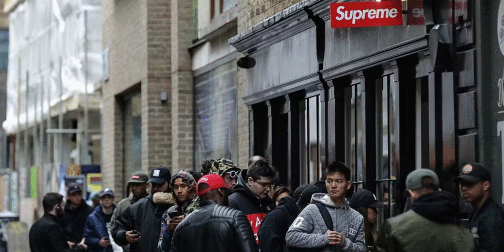 People waiting in line outside a Supreme store. Supreme fashion Banner For Top 10 Streetwear Brands