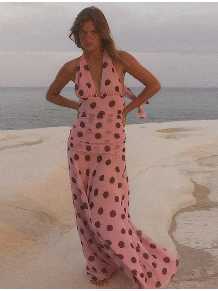 JULISSA MO Print Polka Dot Halter Women Maxi Dress Pink Sexy Backless V-neck Dress Femme Summer Slim Elegant Party Evening Dress
