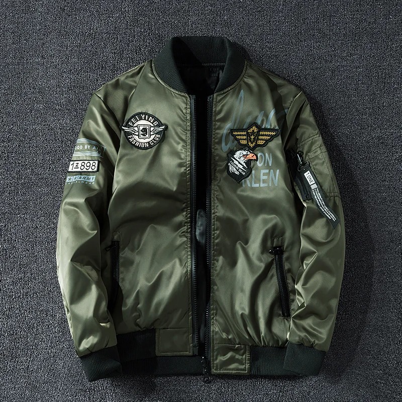 Men's Army Green oversized Bomber Jacket with biker embroidery
