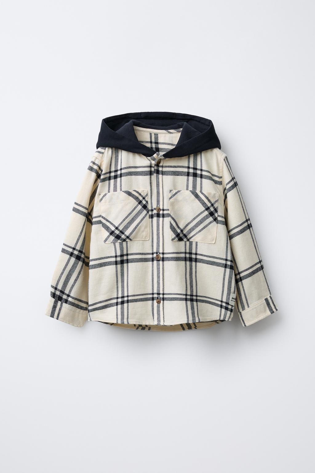 Front view of Zara Plaid Hooded Flannel Shirt for Kids | Briondi