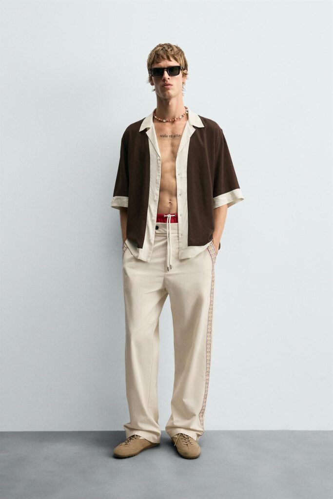 Men wearing Zara Colorblock Viscose Linen Shirt and showing six pack