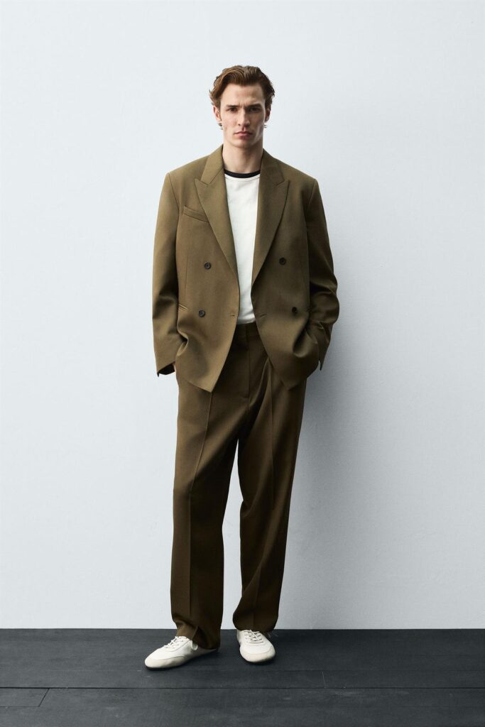 Men wearing zara khaki suit jacket