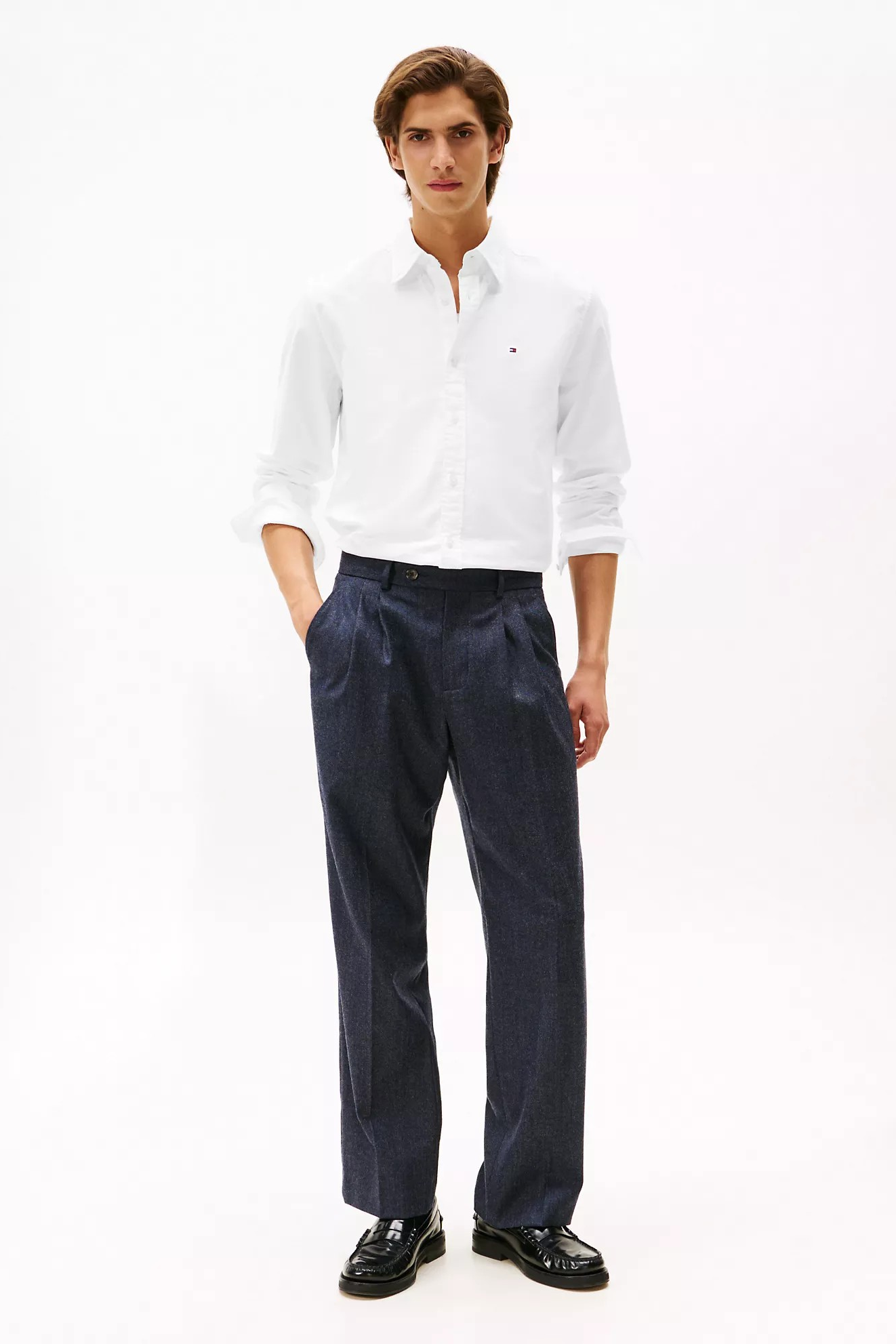 Beautiful Man wearing a Tommy Hilfiger Oxford shirt with navy color pants and Loffer for Grandparents Day | The Best Oxford shirt for men | Briondi